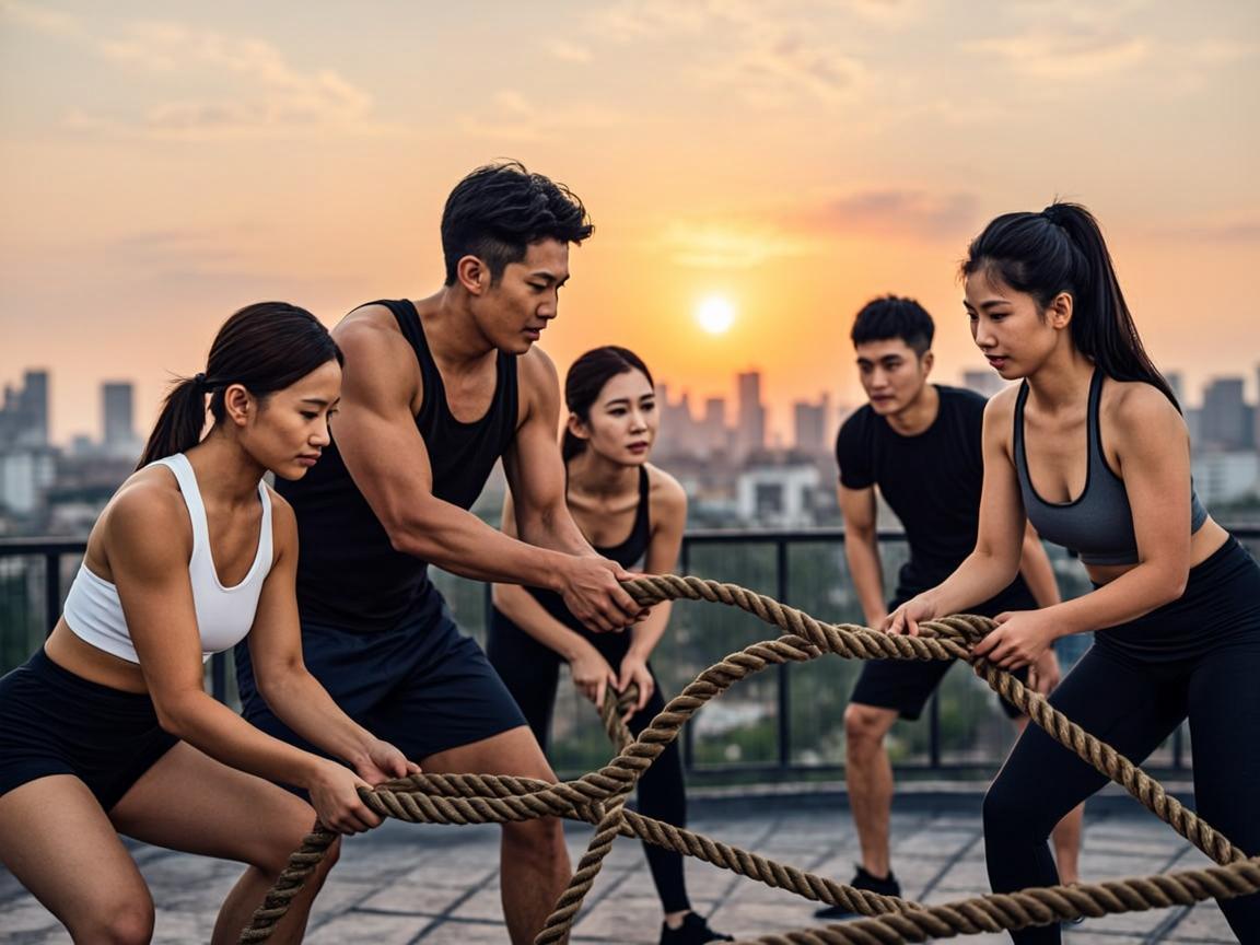 Komunitas member berlatih bersama di rooftop saat sunrise