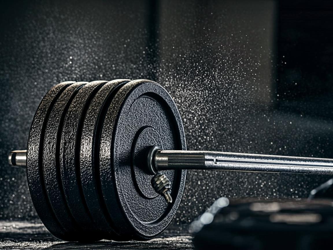 Detail barbell dengan piringan besi dan debu kapur