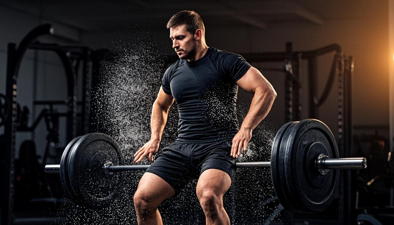 Atlet melakukan deadlift barbell di area utama