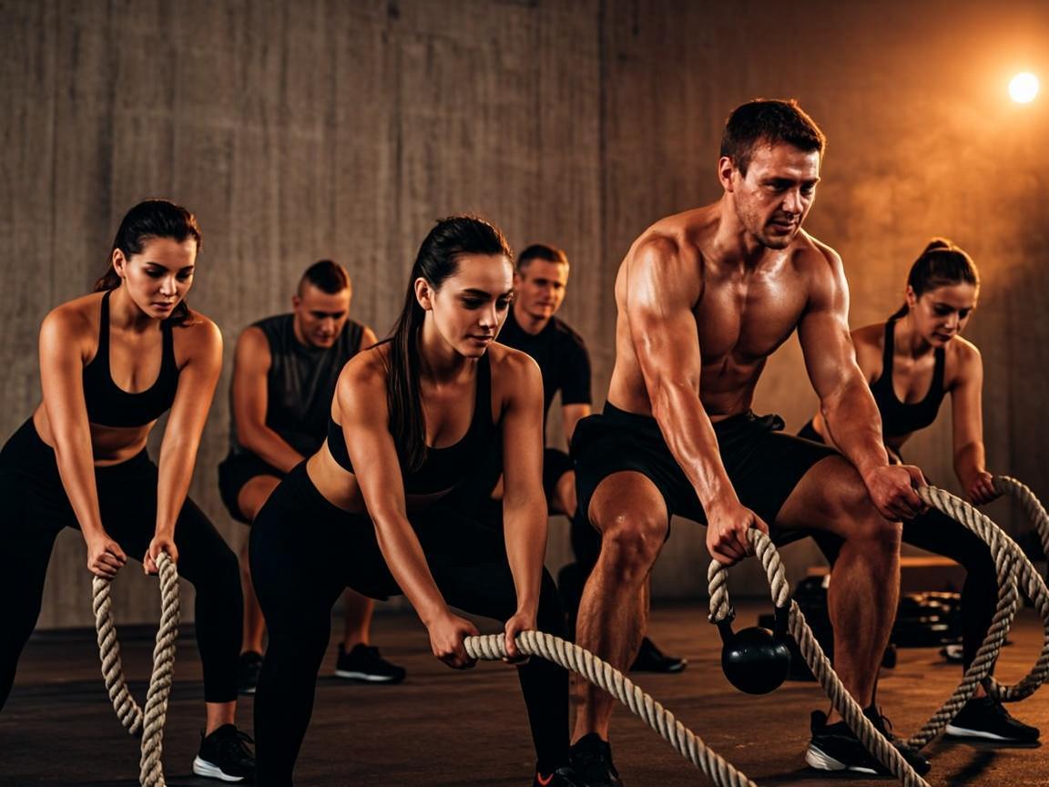 Kelas HIIT dengan kettlebell dan battle rope