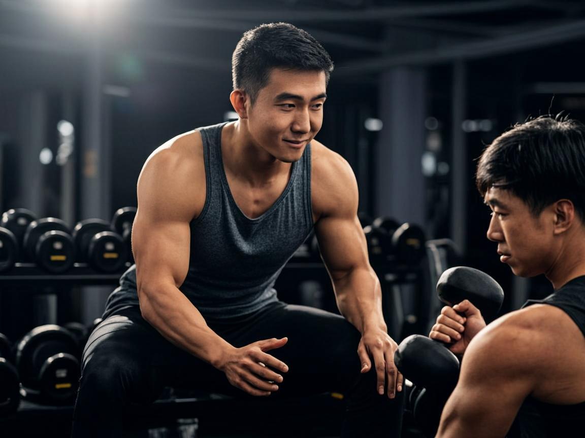 Personal trainer mendampingi klien latihan dumbbell