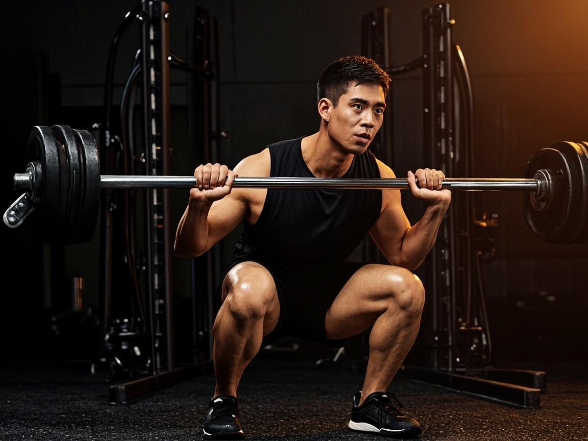 Atlet melakukan squat barbell di power rack